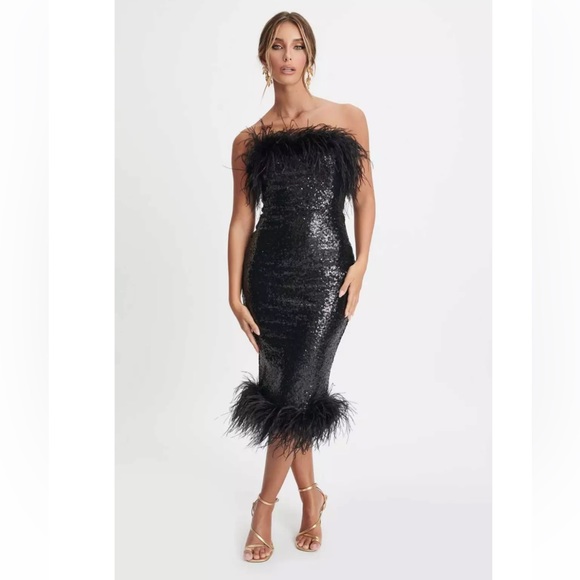 GORGEOUS NEW SEASON Lavish Alice Bandeau Dress with Feather Trim in Black Sequin - Picture 3 of 11